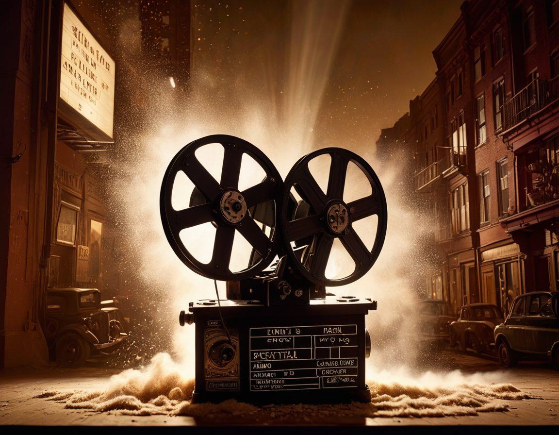 A vintage film reel with faded shorts playing on an old projector, surrounded by iconic cinematic symbols such as a clapperboard, director's chair, and a spotlight illuminating dust in the air. In the background, a subtle gradient transitions from shadows to a vibrant modern city skyline, symbolizing the evolution of cinema. The composition evokes nostalgia and influence. super-realistic. vibrant colors. cinematic atmosphere.