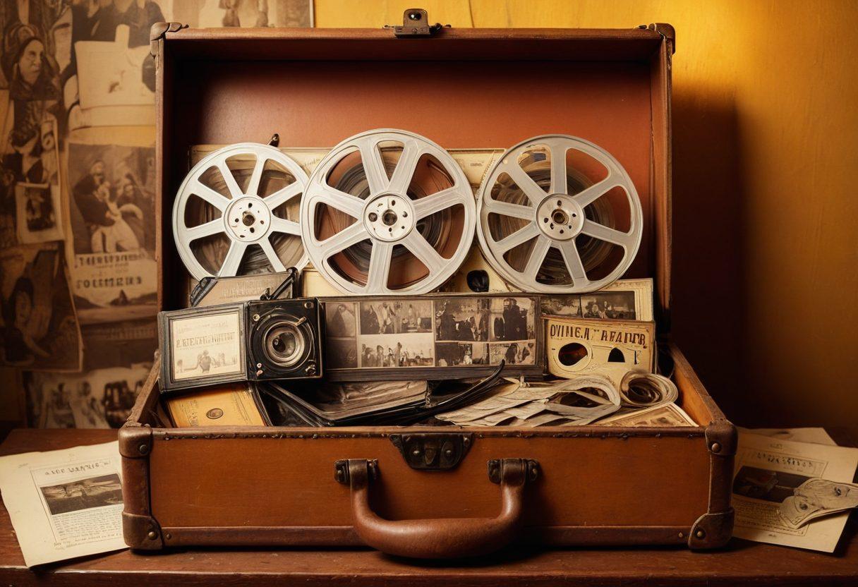 A cinematic treasure chest overflowing with vintage film reels and faded photographs, surrounded by mystical artifacts representing lost short films. A backdrop of an old-fashioned cinema lit by warm, golden light, evoking nostalgia and curiosity. Silhouettes of filmmakers and movie-goers exploring the hidden gems of cinema, capturing their awe and excitement. Cinema film strips gently flowing like water around the chest, symbolizing the impact of these films on the movie industry. artistically styled in a warm color palette, reminiscent of classic film posters.