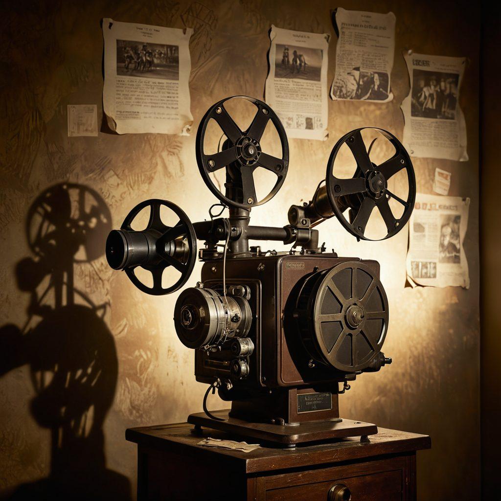 A vintage film projector casting flickering images onto an old, textured wall. In the foreground, crumpled film reels and faded posters of lost short films are scattered. Ethereal shadows of iconic characters emerge from the light, hinting at their untold stories. The atmosphere is nostalgic and mystical, emphasizing the beauty of forgotten narratives. soft focus. sepia tones. cinematic style.